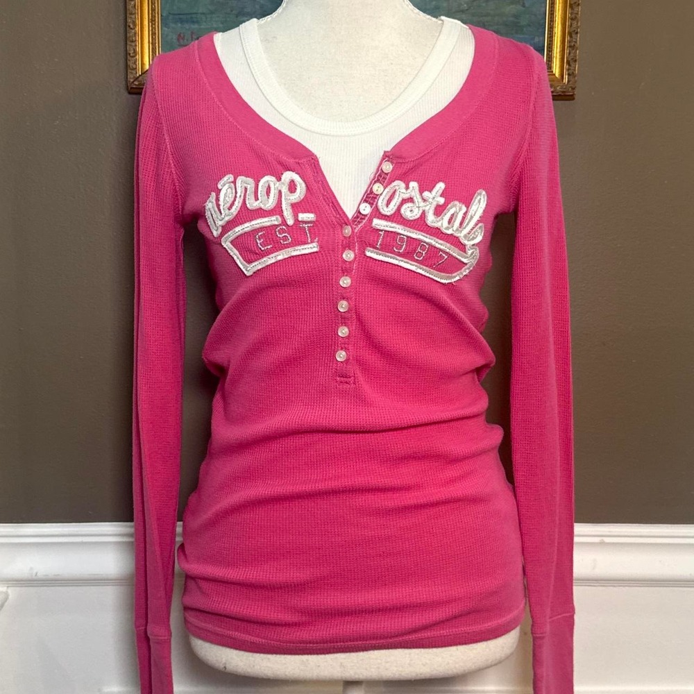 Y2K Aeropostale Pink Logo Henley Thermal Long Sleeve Top M